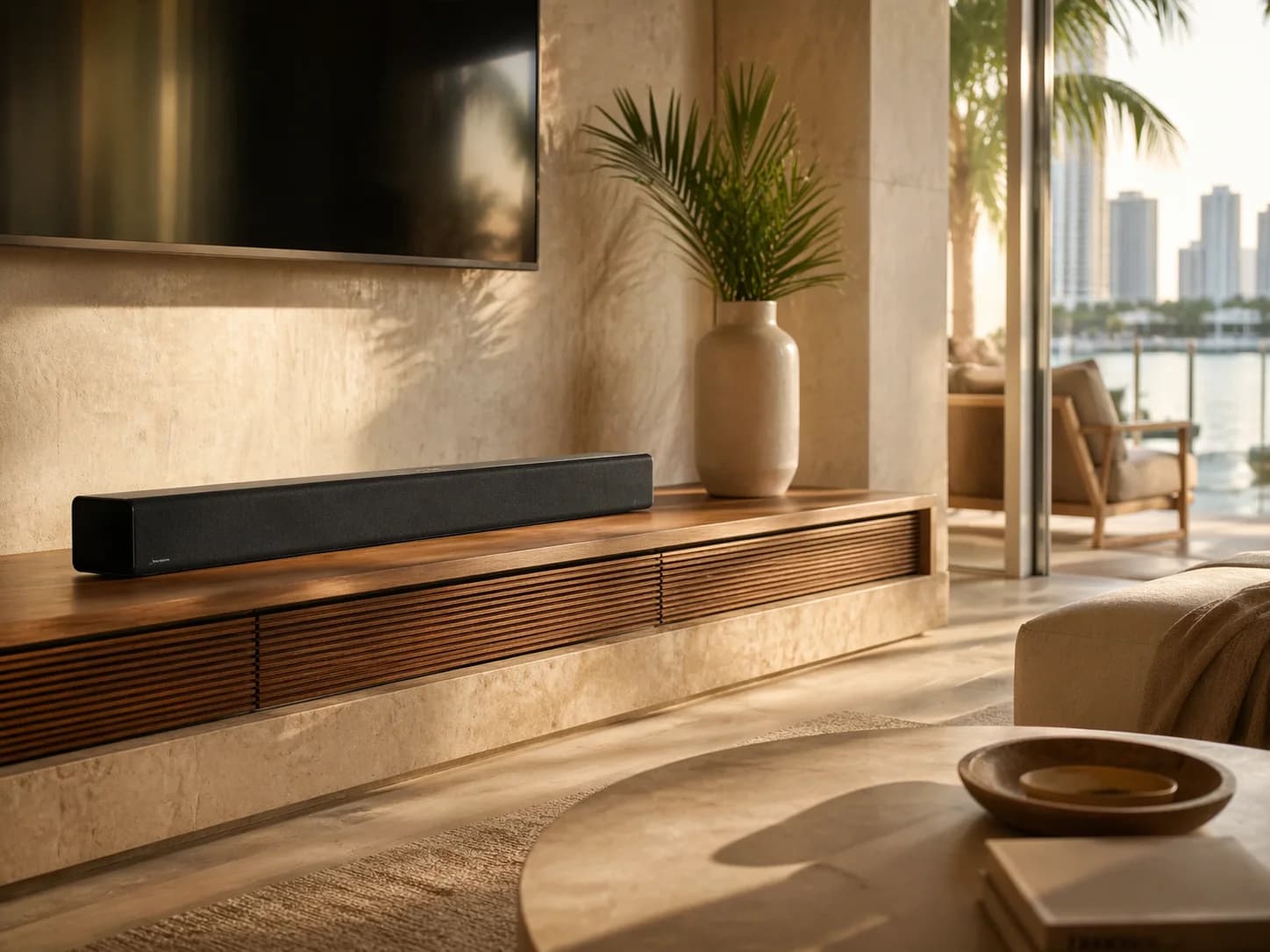 Sonos speakers installed on a Miami patio overlooking a pool at golden hour