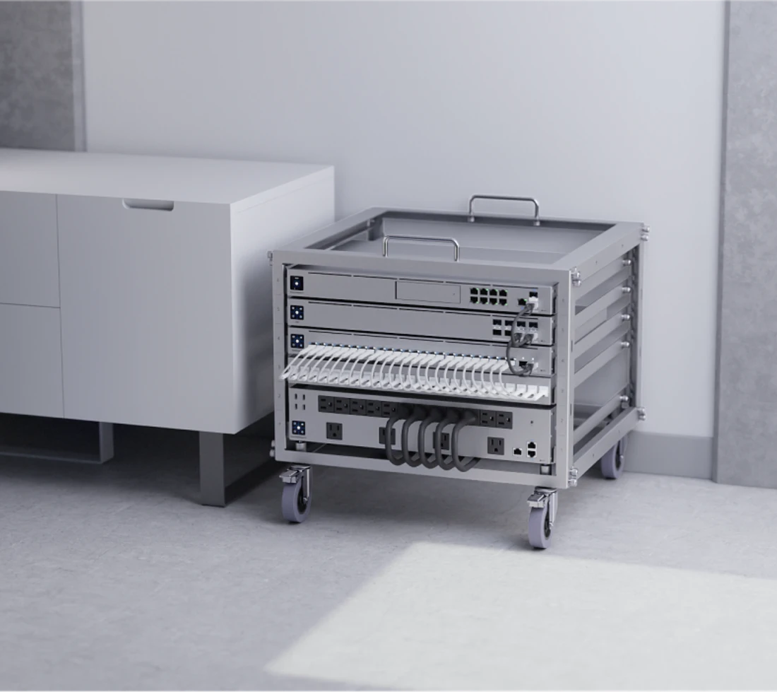 Ubiquiti reference image of a populated compact UniFi rack with organized connections